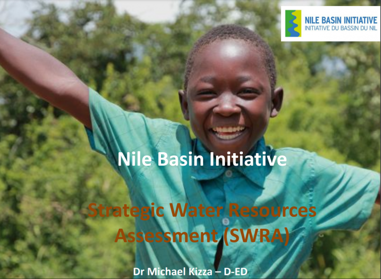 A child in a green shirt smiling with arms apart. The words Strategic Water Resources Assessment (SWRA) by Dr. Michael Kizza can be seen