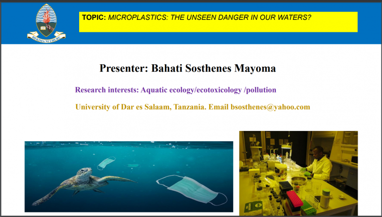 Picture of a sea turtle swimming with face masks. Another picture showing scientist Bahati in a lab. The text reads Presenter: Bahati Sosthenes Mayoma. Research interests: Aquatic ecology/ecotoxicology /pollution. University of Dar es Salaam, Tanzania. Email bsosthenes@yahoo.com