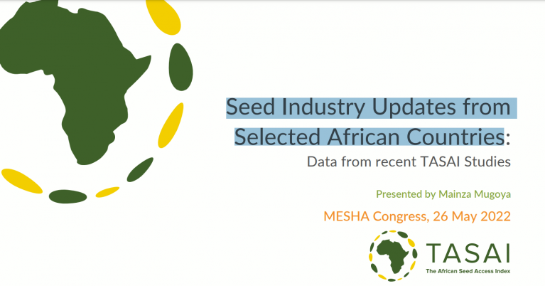 A green map of Africa. The text reads Seed Industry Updates from Selected African Countries: Data from recent TASAI Studies Presented by Mainza Mugoya MESHA Congress, 26 May 2022